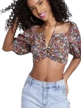 Wild Fable Floral Crop Top Women's Size XL Puff Sleeve Tie Neck Smocked Bohemian